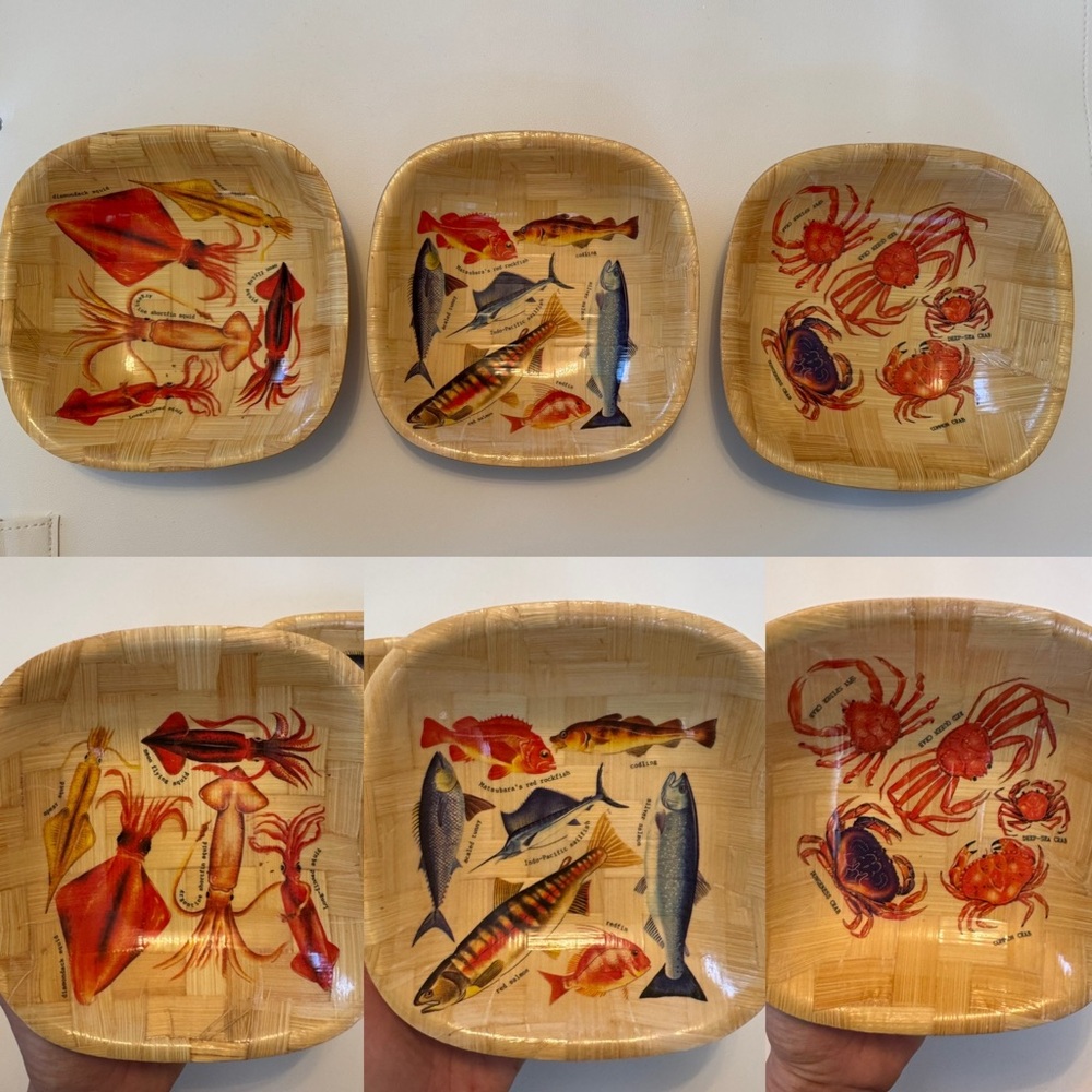 Vintage Bamboo bowls Fish Crabs Sea Ocean theme graphics Decor Beach Nautical